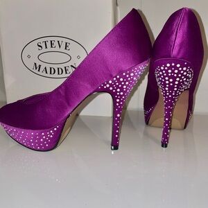 Steve Madden Cookie Purple Satin Studded Open Toe Pumps Women's Heels 5 inch